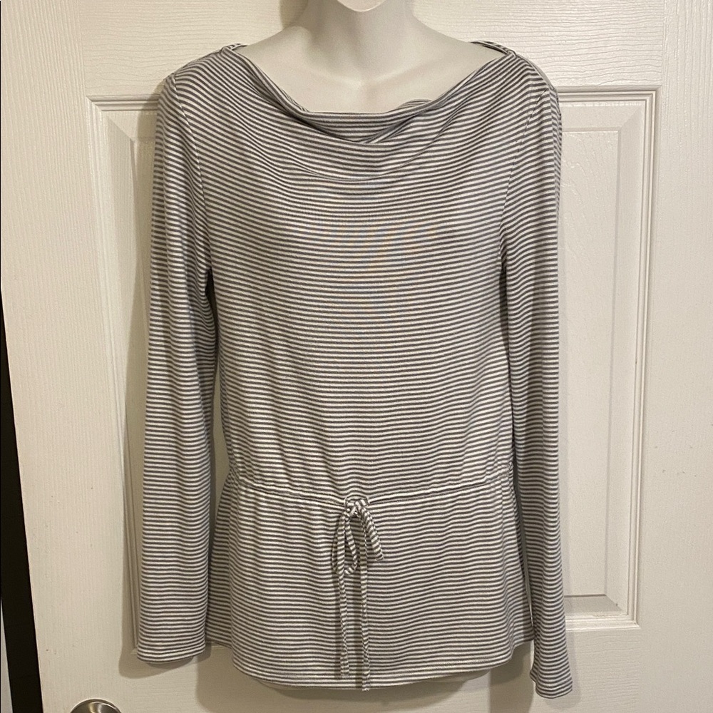 White House Black Market Gray Striped Long Sleeve Top  Small Waist Drawstring